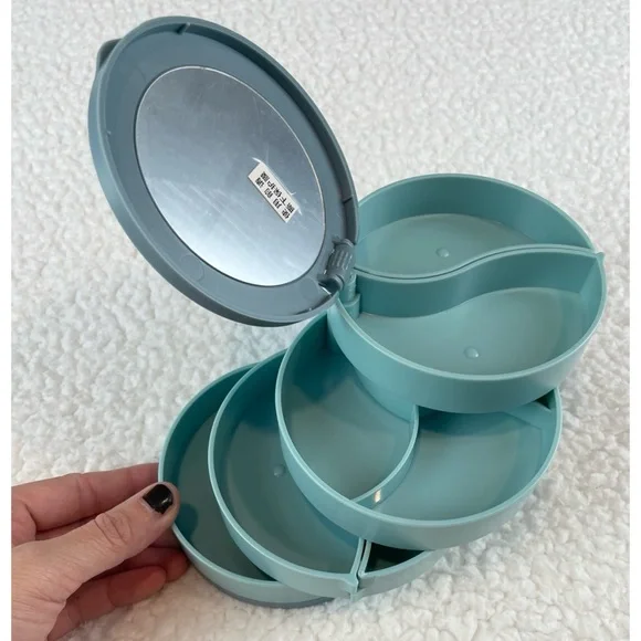 (NIB) Blue/Grey Round Four-Tiered Rotating Stacked Jewelry Organizer with Mirror - Picture 6 of 11
